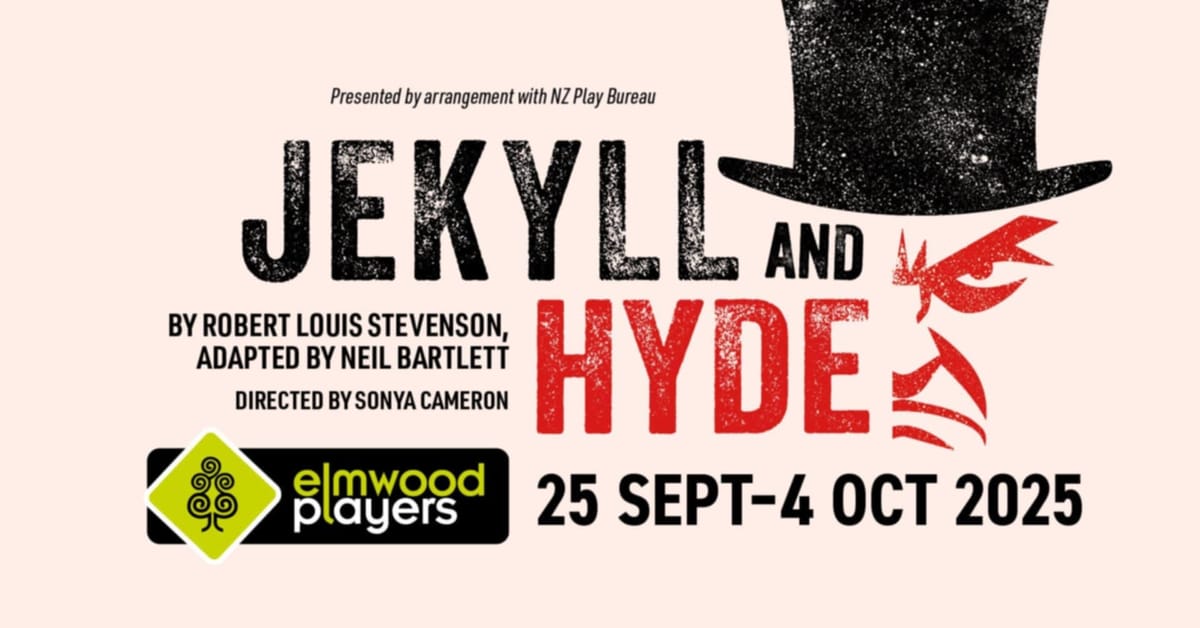 Promotional image for Jekyll and Hyde by Elmwood Players with show details, an evil half-face, and contrasting black and red.